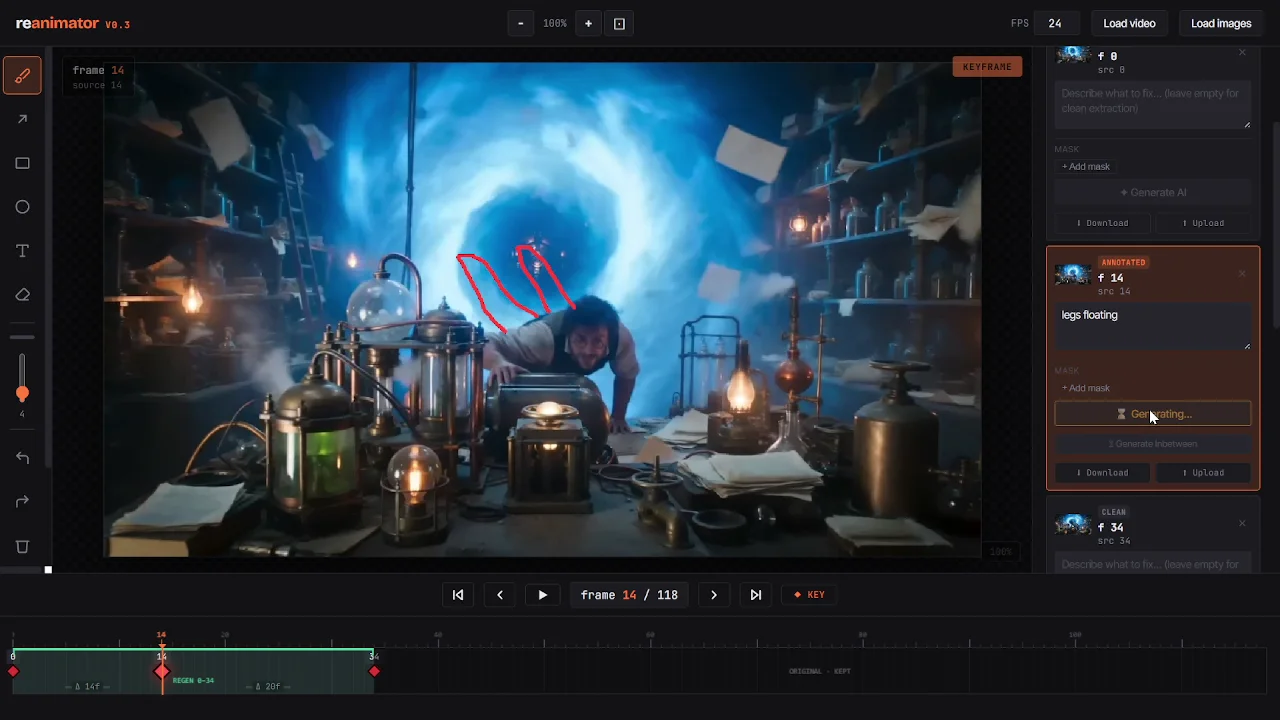 Reanimator editor showing a drawn motion correction and timeline keyframes