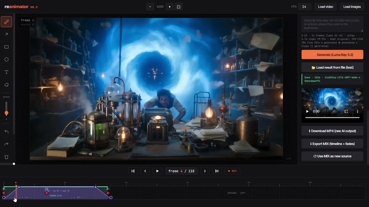 Reanimator editor showing a generated result aligned to the timeline
